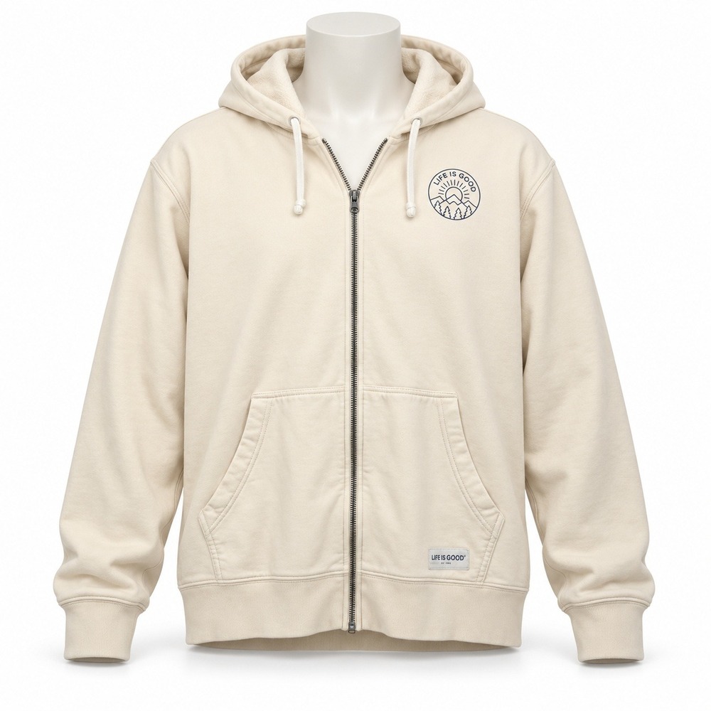 Life is Good XL Zip Up Hoodie Cream Mountain Graphic Cotton Casual Outdoor Sweat